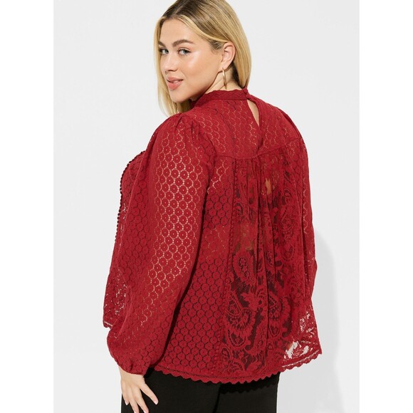 NWT Torrid 1X Rhubarb Red Mixed Lace High Neck Long Sleeve Top Blouse Size 14-16 - Picture 3 of 9
